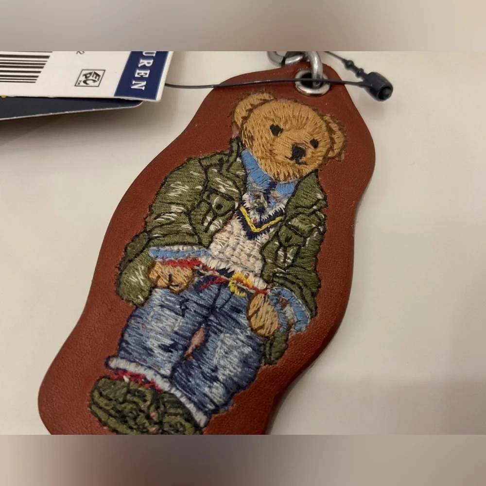 NEW Polo Ralph Lauren FIELD JACKET BEAR - LEATHER Key Ring Keychain - BROWN